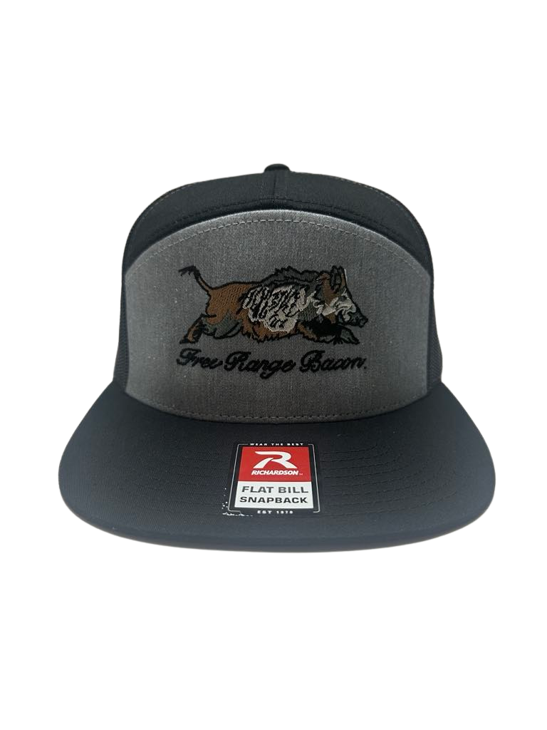Gray and black Free Range Bacon hat with embroidered wild hog graphic and text, flat-bill snapback design.