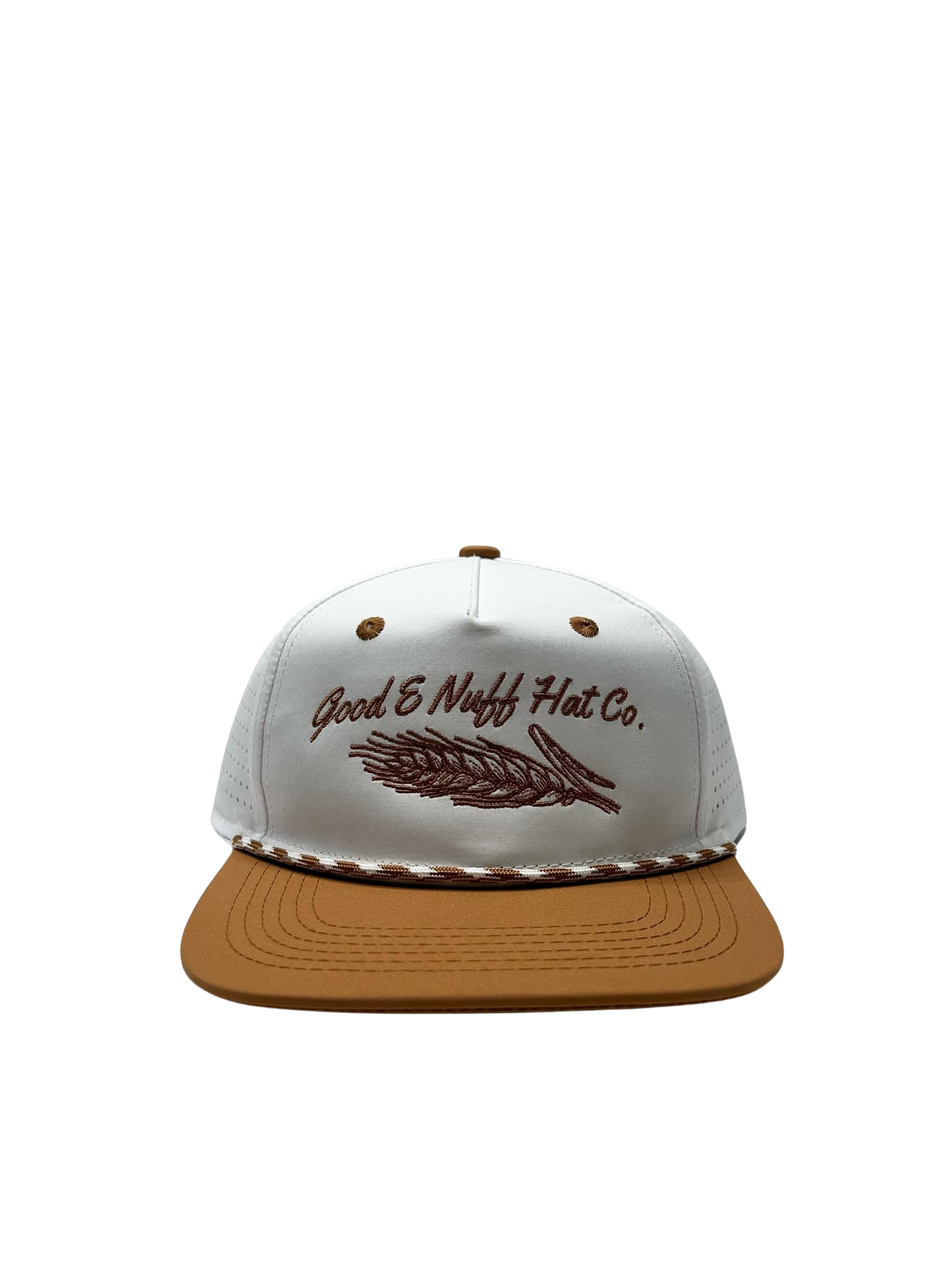 Beer Maker hat with white crown, amber embroidery, and wheat graphic.