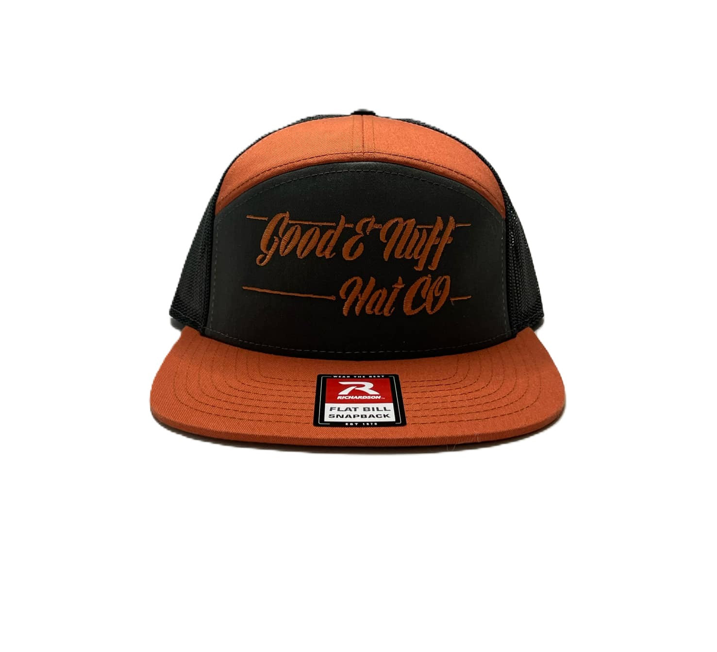 Copper hat with "Good E Nuff' Hat Co." logo, flat bill, snapback fit, and mesh back.
