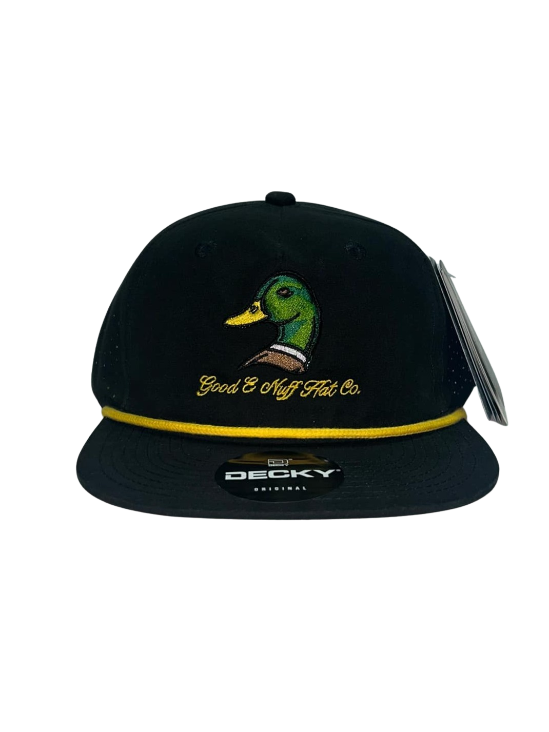 Black hat featuring an embroidered mallard graphic and "Good E Nuff' Hat Co." text with retro rope detail.