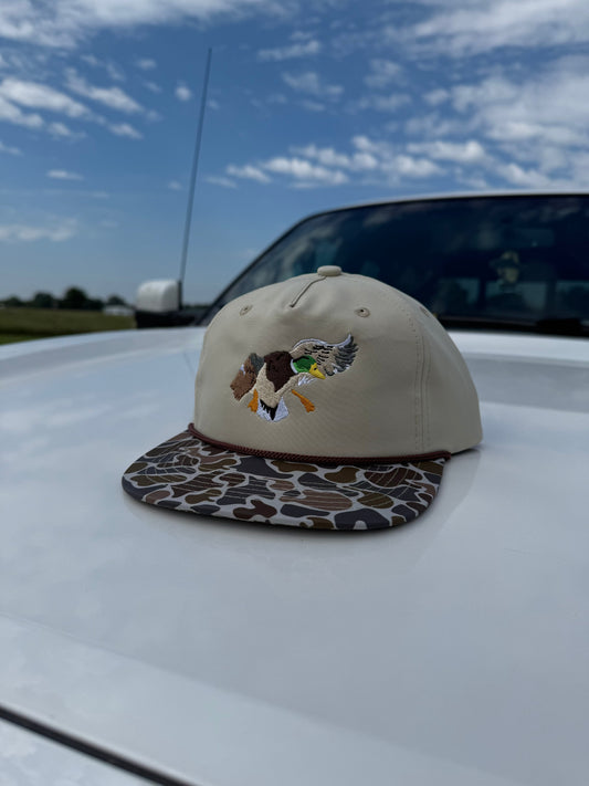 Fully Cupped hat with embroidered mallard and duck camo bill on khaki crown