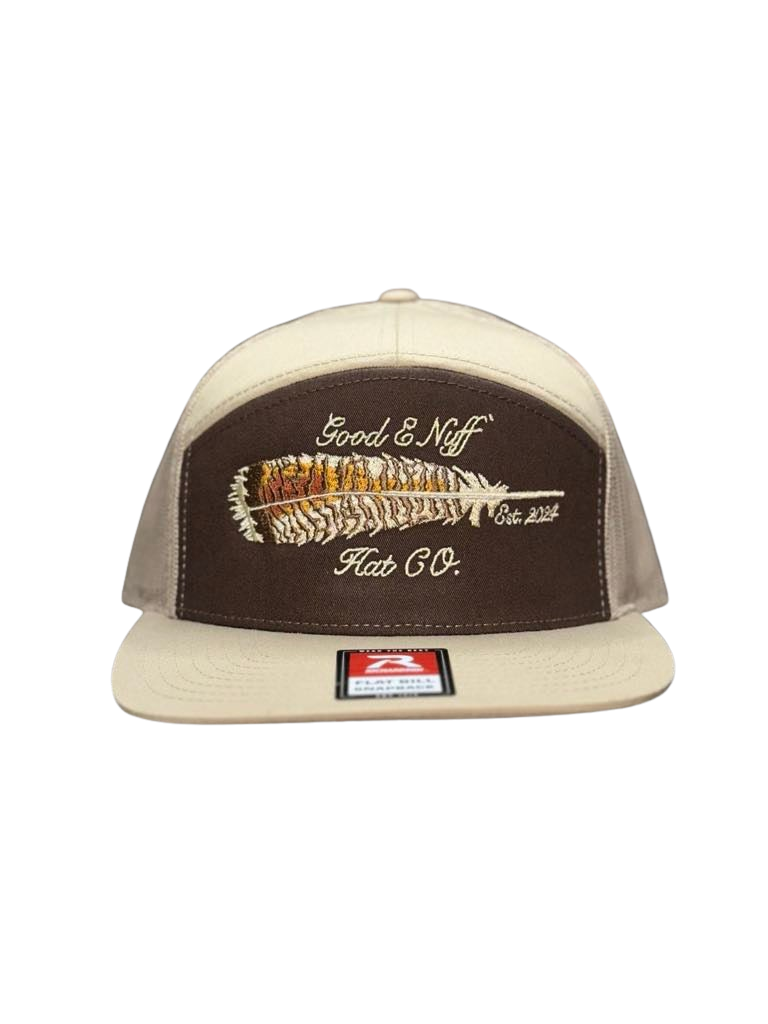 Embroidered turkey feather hat - "The Roost," rugged outdoor style.