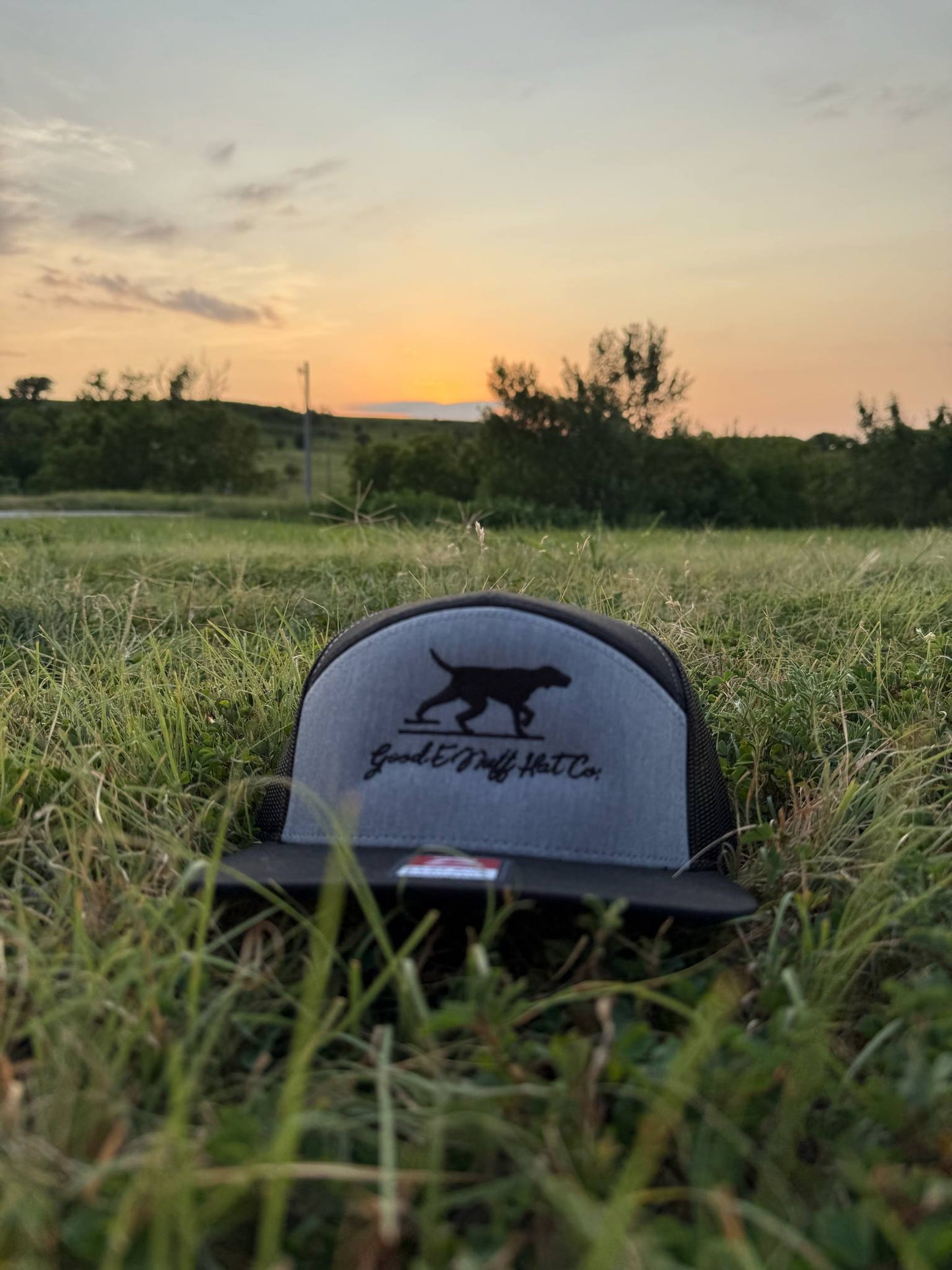 Grey Point and Shoot mid-profile snapback hat with embroidered black lab design in a natural outdoor setting