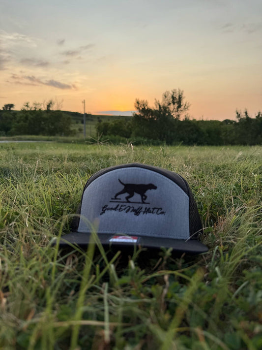 Grey Point and Shoot mid-profile snapback hat with embroidered black lab design in a natural outdoor setting