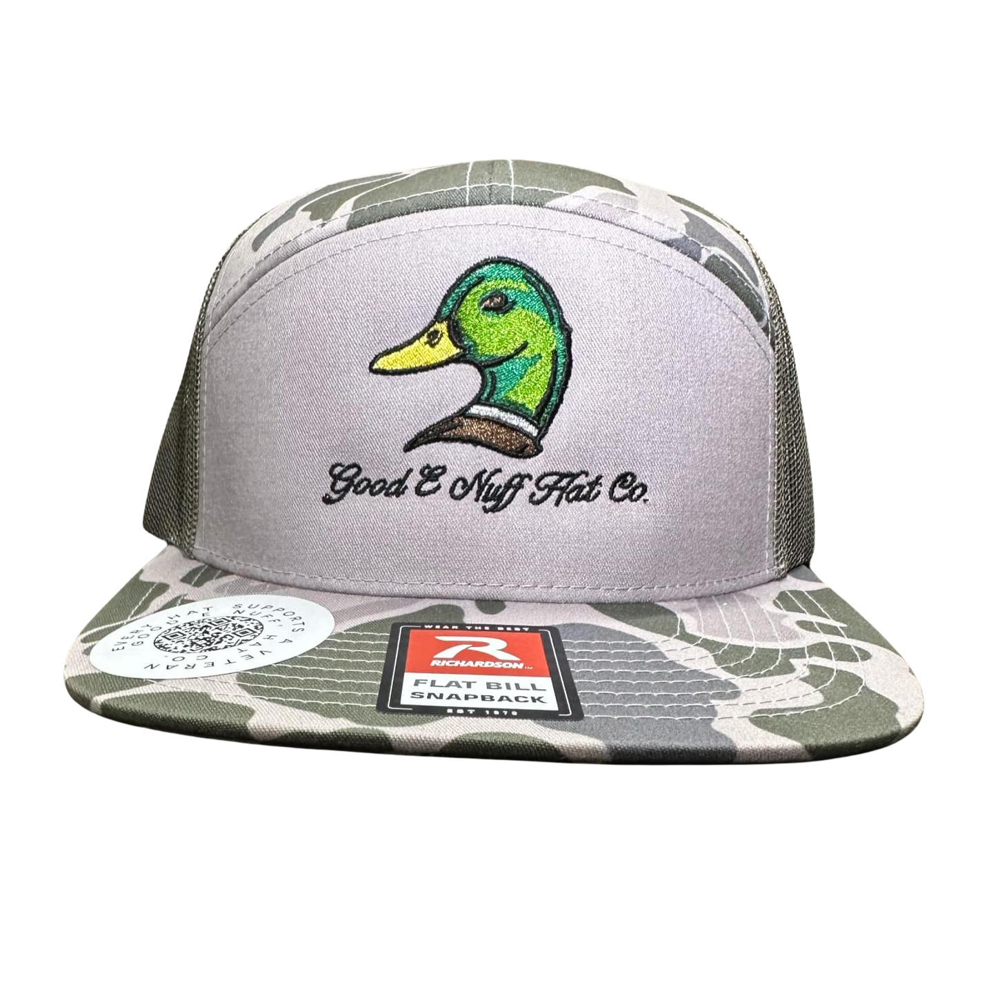 King of the Pond Richardson 7-Panel hat with mallard embroidery and camo bill.