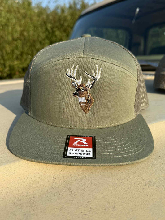 Olive green Richardson flatbill snapback hat with embroidered whitetail buck, King Of The Timber design
