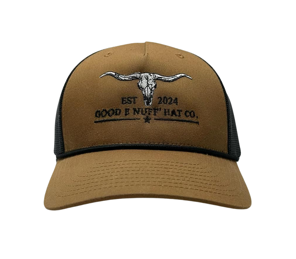 Brown Richardson 112 fit hat with embroidered longhorn skull and black mesh back, The Stockyards.