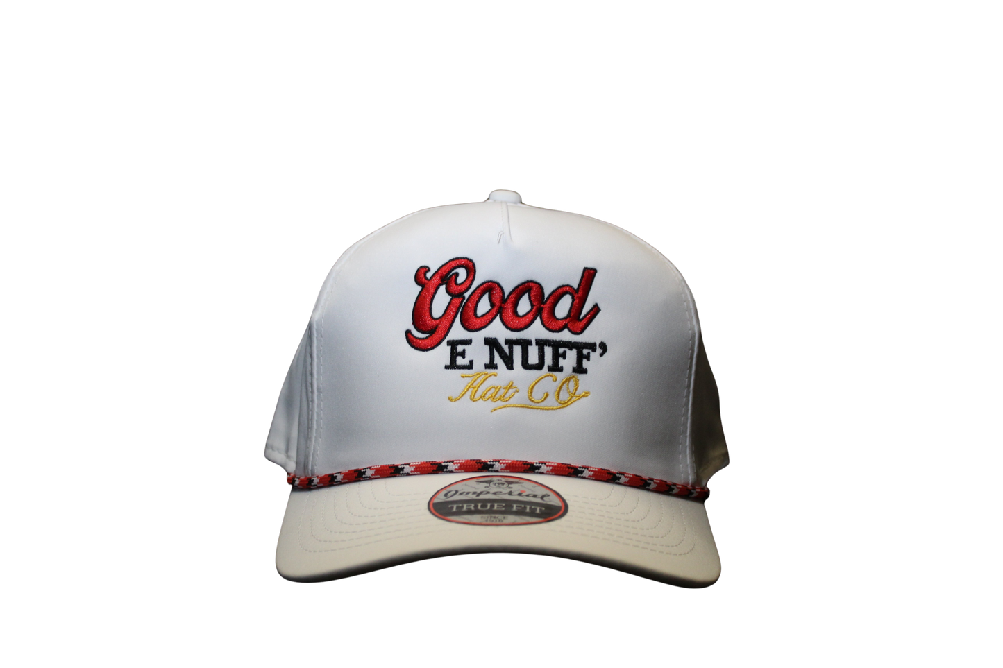 Premium white hat with "Good E Nuff' Hat Co." design, featuring red and black embroidery.