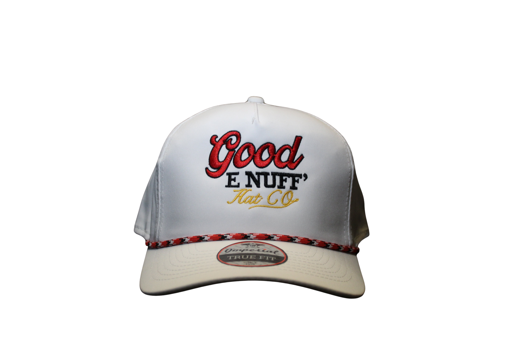 Premium white hat with "Good E Nuff' Hat Co." design, featuring red and black embroidery.