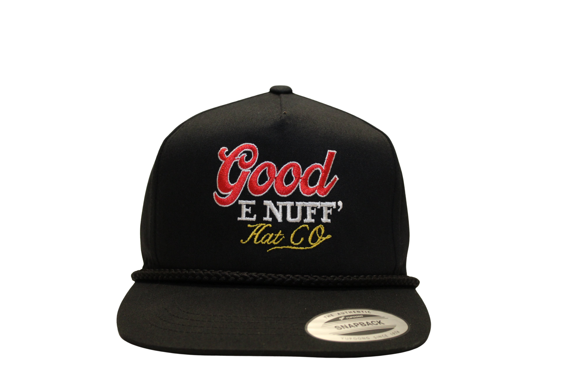 Good E Nuff' bar hat with embroidered logo and vintage flat-bill snapback design.