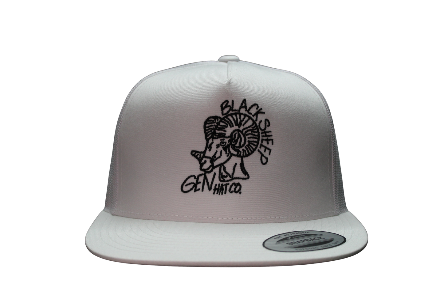 White "Odd Man Out" hat with black "Black Sheep" graphic and text design.