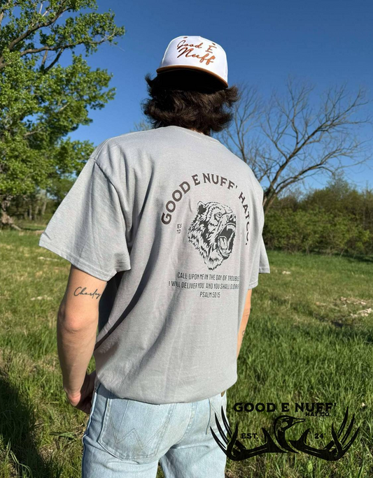 Fear Not shirt featuring grizzly design and Psalm 50:15 message, Faith & Field Series.