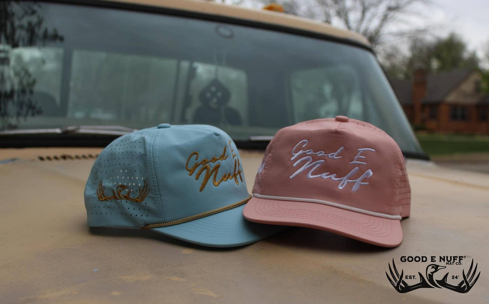 Performance rope hats from Good E Nuff’ Hat Co. with raised embroidery, featuring 'Sunrise and Sunset' design.
