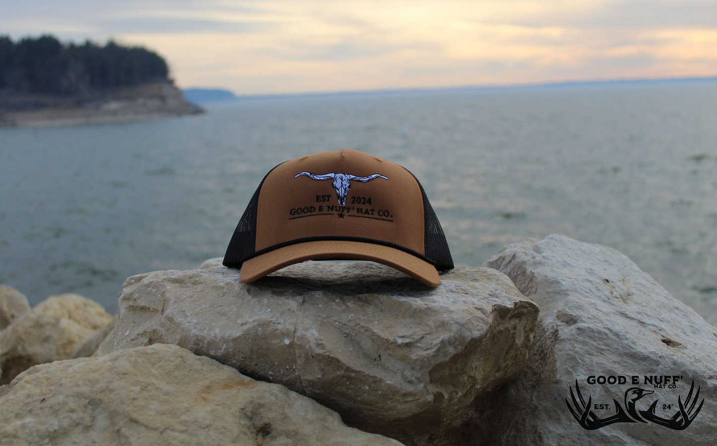 Brown and black trucker hat with embroidered longhorn skull design, The Stockyards by Good E Nuff Hat Co.