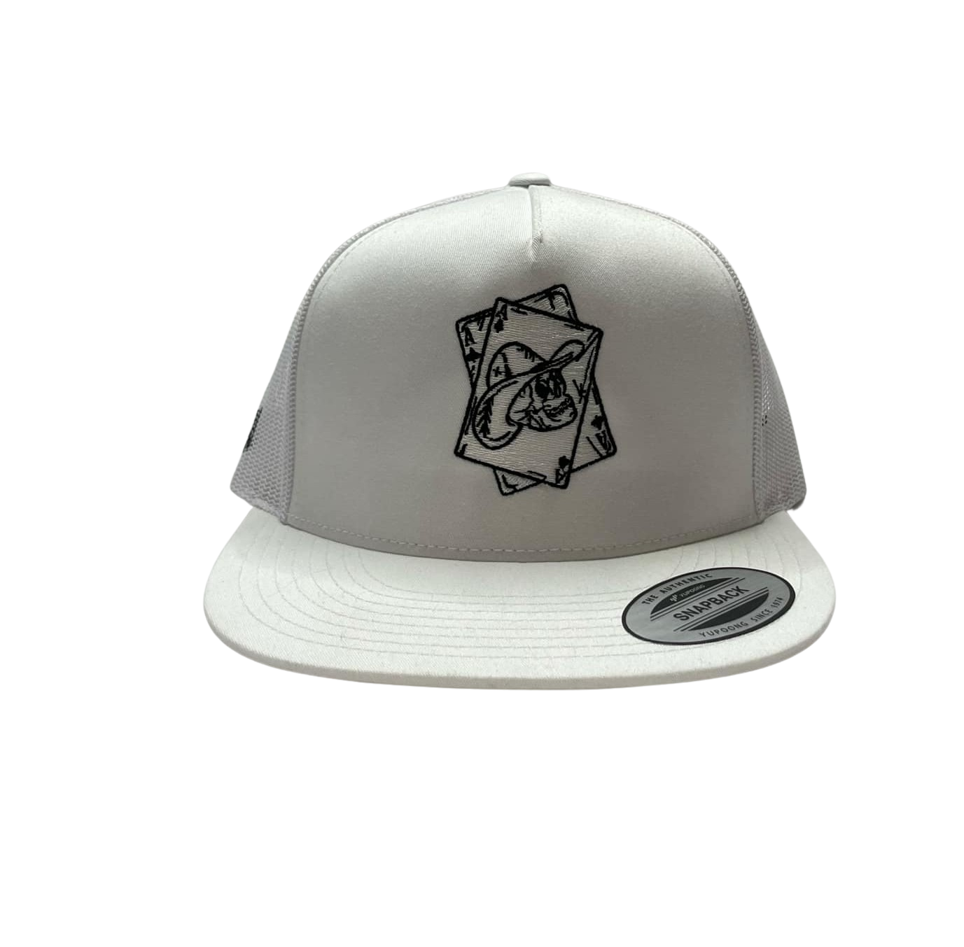 White and mesh hat with embroidered cowboy skull and aces design, labeled Pocket Aces.