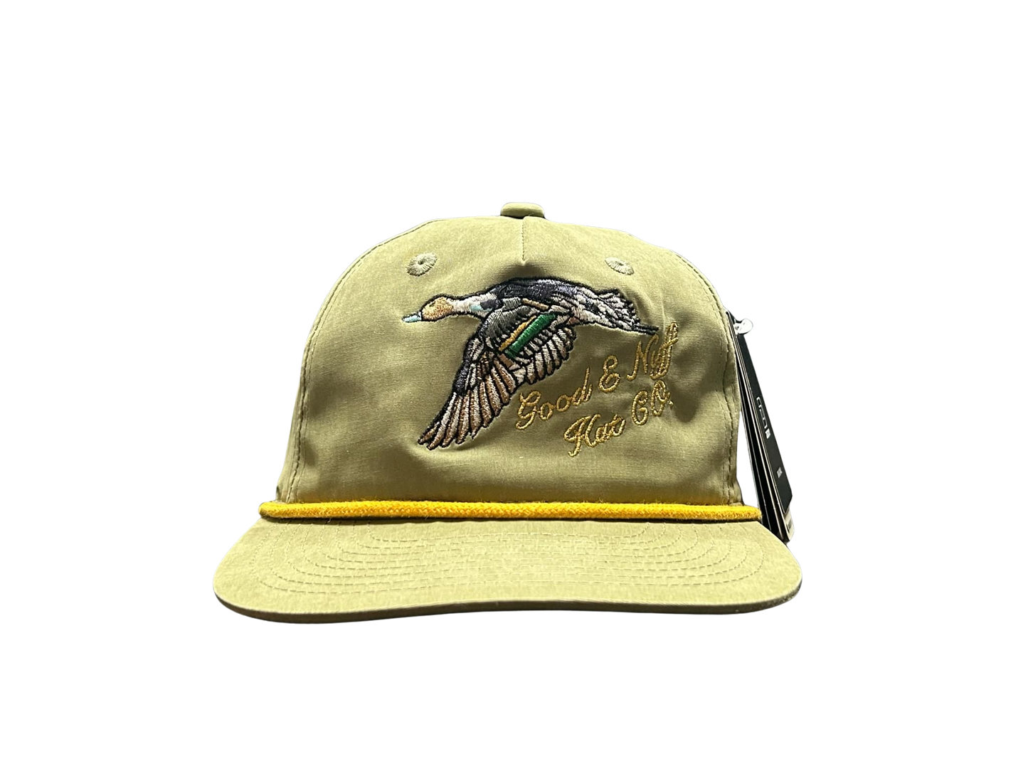 Vintage olive hat with embroidered pintail duck and "Good E Nuff' Hat Co." text, featuring retro rope detail.