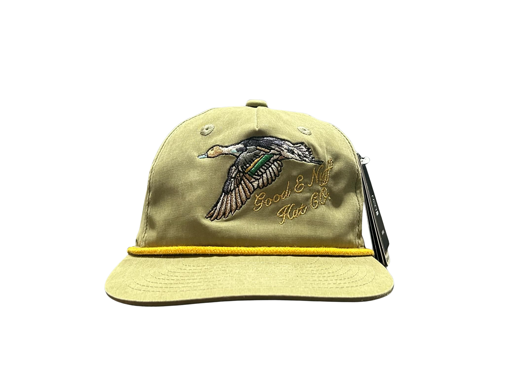 Vintage olive hat with embroidered pintail duck and "Good E Nuff' Hat Co." text, featuring retro rope detail.